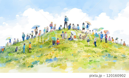 たくさんの登山客で混む山頂の水彩イラスト たくさんの登山客で混む山頂の水彩イラスト 120160902