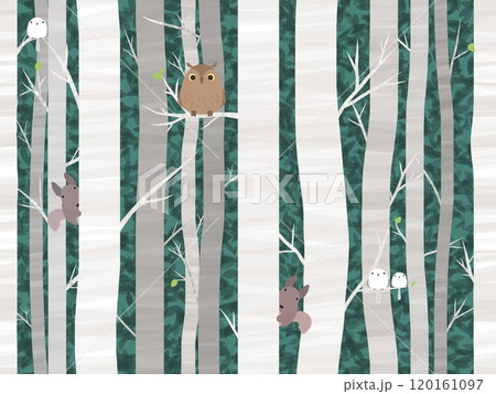 シラカバと森の動物たち のシームレスパターン ④ シラカバと森の動物たち のシームレスパターン ④ 120161097