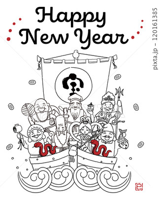 2025年巳年年賀状　シンプルでかわいい宝船に乗った七福神のイラスト 120161385