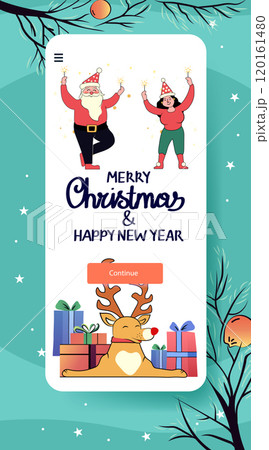 Christmas celebration Santa dancing reindeer gifts festive scene with Santa and woman holding sparklers happy reindeer with presents winter background mobile screen 120161480