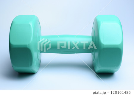 single green dumbbell on white background, object for exercise 120161486