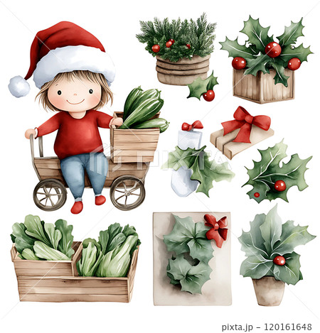 A cheerful child in a red hat pushes a cart filled with greens and festive decorations like holly and gift boxes. 120161648