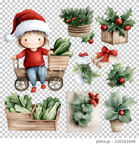A cheerful child in a red hat pushes a cart filled with greens and festive decorations like holly and gift boxes. 120161648