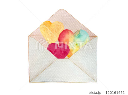 Colorful hearts in an open envelope isolated on white. Hand painted watercolor illustration. Perfect St Valentine day, for love cards, posters, blog posts, sticker packs, email decor. Textured clip 120161651