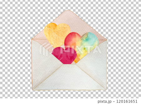 Colorful hearts in an open envelope isolated on white. Hand painted watercolor illustration. Perfect St Valentine day, for love cards, posters, blog posts, sticker packs, email decor. Textured clip 120161651
