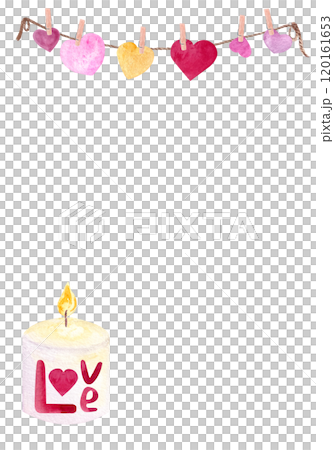 White burning candle with hand written word love and a heart decoration above vertical watercolor card isolated on white. Perfect for St Valentine cards, romantic invitations decor and design 120161653