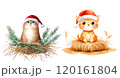 Two adorable orange cats wearing Santa hats sit atop hay bales, embodying a festive holiday spirit. 120161804