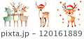 Four playful reindeer wearing festive hats, showcasing a cheerful holiday spirit. 120161889