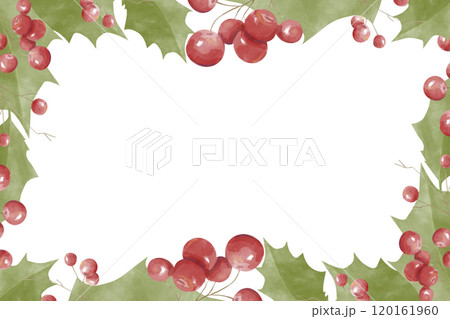 Christmas Horizontal Rectangular Frame with Green Holly Leaves, Red Lingonberries Copy Space Watercolor Digital Illustration, Holiday Banner Composition for Printing and Web Design Winter Holidays 120161960