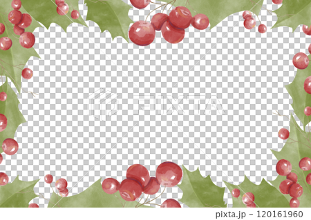 Christmas Horizontal Rectangular Frame with Green Holly Leaves, Red Lingonberries Copy Space Watercolor Digital Illustration, Holiday Banner Composition for Printing and Web Design Winter Holidays 120161960
