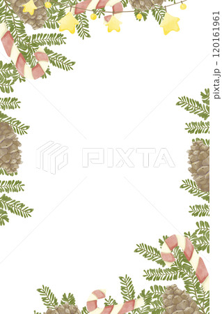 Christmas Vertical Rectangle Frame with Green Fir Tree Branches, Candy Cane Striped Lollipop, Brown Pine Cones, Gold Star Garland, Copy Space Watercolor Digital Illustration, Holiday Banner Christmas Vertical Rectangle Frame with Green Fir Tree Branches, Candy Cane Striped Lollipop, Brown Pine Cones, Gold Star Garland, Copy Space Watercolor Digital Illustration, Holiday Banner 120161961