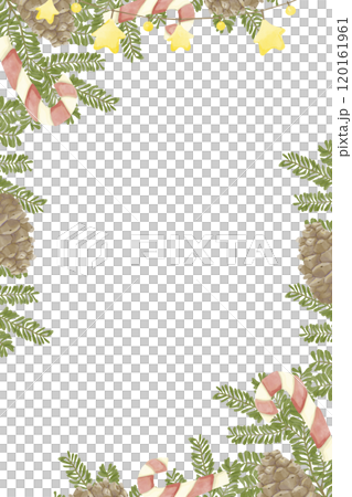 Christmas Vertical Rectangle Frame with Green Fir Tree Branches, Candy Cane Striped Lollipop, Brown Pine Cones, Gold Star Garland, Copy Space Watercolor Digital Illustration, Holiday Banner 120161961