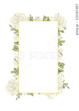 Christmas Frame with Fir Tree Branches, White Roses, Gold Border, Copy Space Watercolor Digital Illustration, Holiday Banner Composition for Winter Holiday Printing and Web Design Christmas Frame with Fir Tree Branches, White Roses, Gold Border, Copy Space Watercolor Digital Illustration, Holiday Banner Composition for Winter Holiday Printing and Web Design 120161967