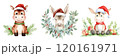 Three festive cartoon animals wearing Santa hats, decorated with greenery and holiday elements, embodying a cheerful holiday spirit. 120161971