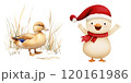 A playful cartoon chick in a festive Santa hat and red scarf, alongside a realistic duck standing on grass. 120161986