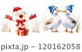 A cheerful snowman in a Santa hat and scarf stands beside two cute ducks wearing blue hats, exuding a festive atmosphere. 120162058
