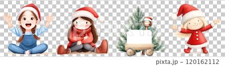 Four cheerful children in holiday attire, including Santa hats, showcase festive joy with gifts and a Christmas tree. 120162112