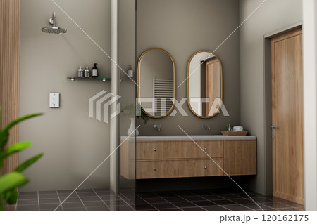 A modern, elegant bathroom features a minimalist wooden cabinet, a rain shower, and decor. 120162175