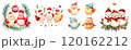 Colorful, festive birds wearing winter hats and Santa hats, surrounded by holiday decorations. 120162212