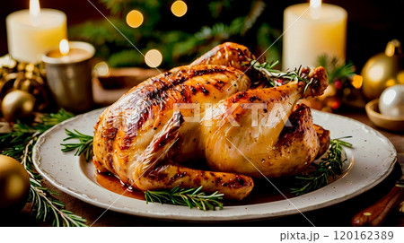 金の皿に盛られたローストチキン 120162389