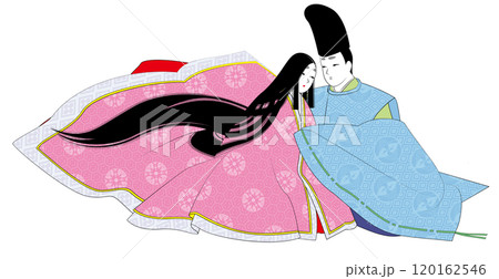 平安王朝風の男女の逢瀬のイラスト。日本の民族衣装「狩衣」の男性と「袿」の女性 平安王朝風の男女の逢瀬のイラスト。日本の民族衣装「狩衣」の男性と「袿」の女性 120162546