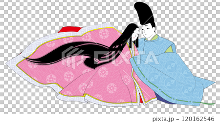 平安王朝風の男女の逢瀬のイラスト。日本の民族衣装「狩衣」の男性と「袿」の女性 平安王朝風の男女の逢瀬のイラスト。日本の民族衣装「狩衣」の男性と「袿」の女性 120162546