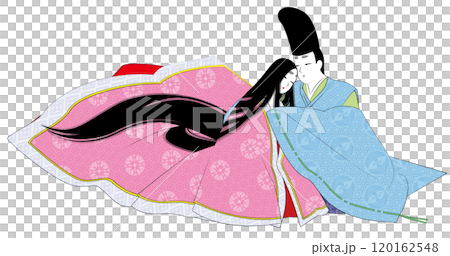 平安王朝風の男女の逢瀬のイラスト。日本の民族衣装「狩衣」の男性と「袿」の女性 平安王朝風の男女の逢瀬のイラスト。日本の民族衣装「狩衣」の男性と「袿」の女性 120162548