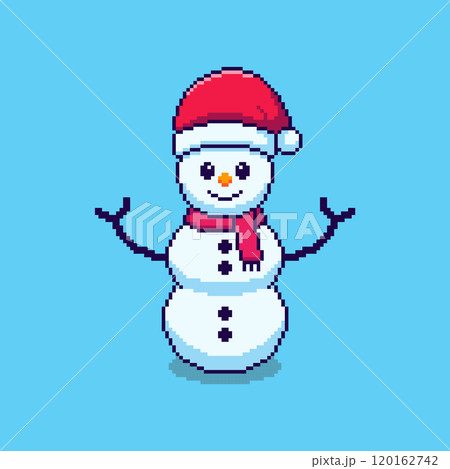 Pixel art Snowman with Santa Hat game asset design 120162742