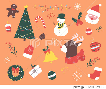 Festive Christmas symbols in a cheerful layout. Vector illustration 120162905