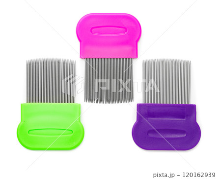 Colorful plastic and metal combs on a white background 120162939