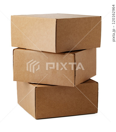 Stacked brown cardboard boxes in various sizes arranged on a white background Stacked brown cardboard boxes in various sizes arranged on a white background 120162964