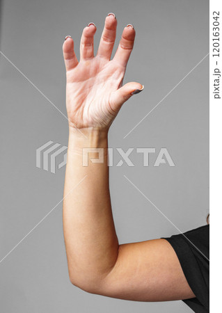 A raised hand demonstrating a gesture of greeting with a neutral background 120163042