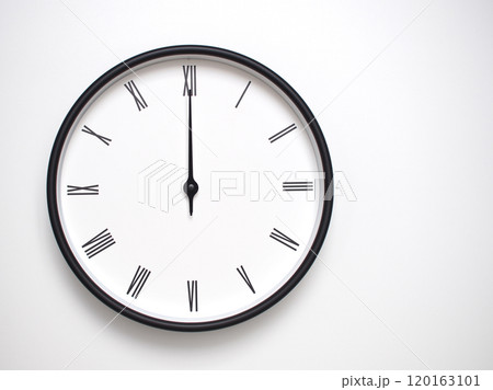 Clock Showing 12.00 or 00.00 or 24.00 with Roman Numerals. Simple Round Clock for Concepts of Time Management and Scheduling. 120163101