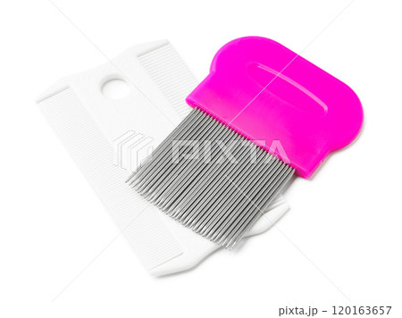 Colorful plastic and metal combs on a white background 120163657