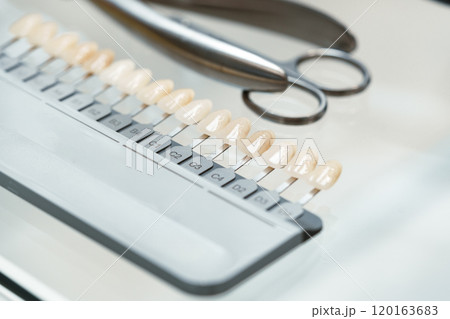 dental lab setup showcasing various shades of artificial teeth alongside dental tools 120163683