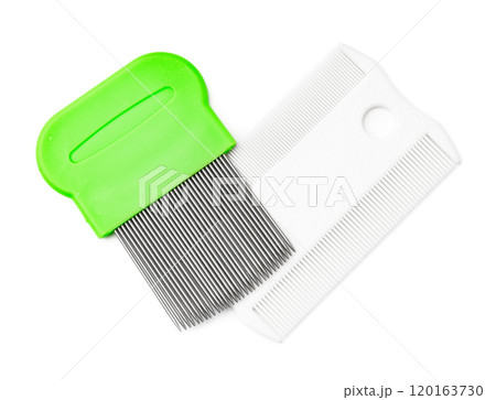 Colorful plastic and metal combs on a white background 120163730