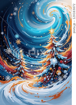 抽象的クリスマスカード：青と金の鮮やかな冬の夜景、様式化された木と雪の結晶のモダンデザイン。 120163872