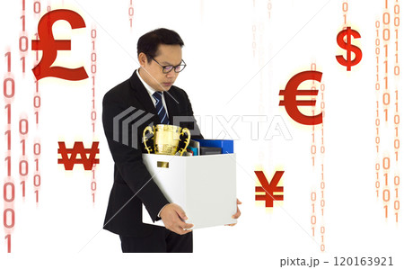 A manager in suit feel sad, stressed and unhappy face holding paper box of belongings collected from office in the get fired day. Various red currency symbols and coding displayed on white background. A manager in suit feel sad, stressed and unhappy face holding paper box of belongings collected from office in the get fired day. Various red currency symbols and coding displayed on white background. 120163921