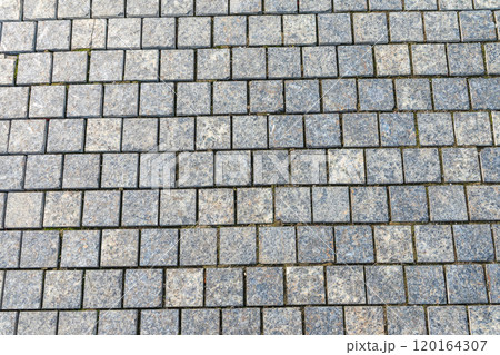 Stone block pavement in the rays of the setting sun. Texture 120164307