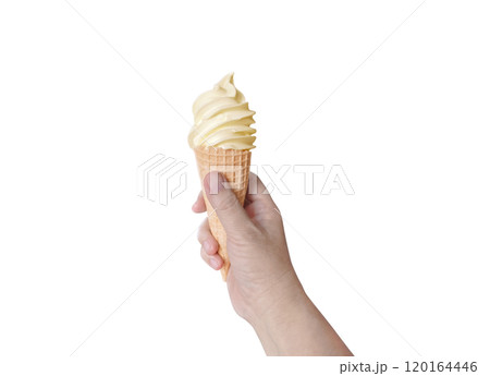 Ice cream in hand, summer dessert cone ice cream. Ice cream in hand, summer dessert cone ice cream. 120164446