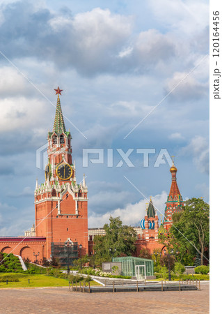 Spasskaya Tower viewed inside Kremlin, Moscow, Russia. 120164456