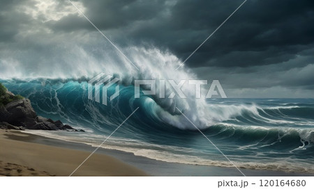 海岸に打ち寄せる津波の風景 120164680