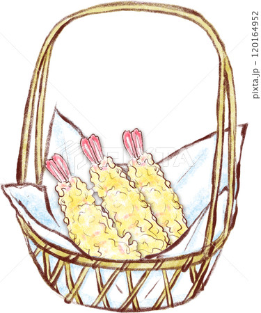 天ぷらのイラスト_天ぷらかごに入った海老天3本 120164952