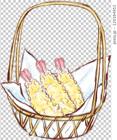 天ぷらのイラスト_天ぷらかごに入った海老天3本 120164952