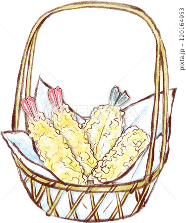 天ぷらのイラスト_天ぷらかごに入った魚介天ぷら3種盛り 120164953