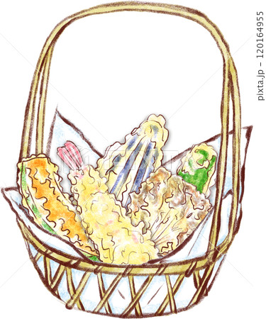 天ぷらのイラスト_天ぷらかごに入った天ぷら5種類 120164955