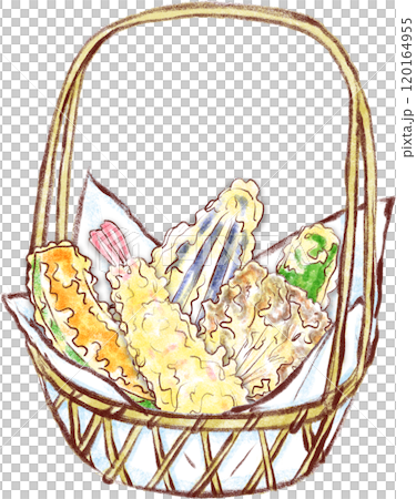 天ぷらのイラスト_天ぷらかごに入った天ぷら5種類 120164955