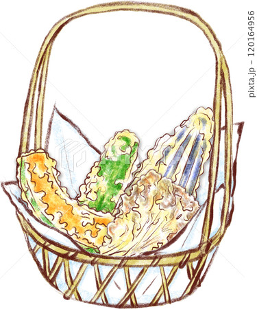 天ぷらのイラスト_天ぷらかごに入った野菜天四種盛り 120164956