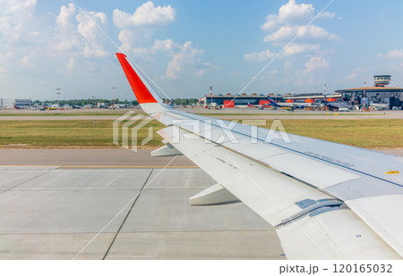 View from the airplane window during takeoff at Sheremetyevo airport at summer 120165032