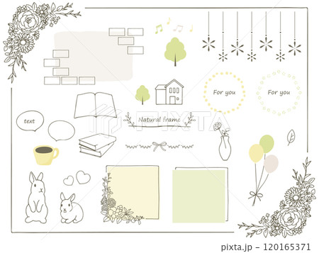 かわいい手描きのイラストやフレーム素材のセット かわいい手描きのイラストやフレーム素材のセット 120165371